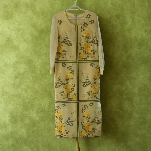 1970s Yellow Floral Vintage  Midi Chiffon Dress - Picture 1 of 6